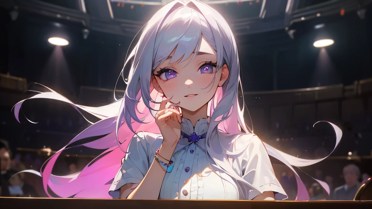 ((masterpiece)), Highest quality, (8k, Highest quality, masterpiece: 1.2), Very detailed, Inside the concert hall、1 female、platinum silver hair、Long Hair、Purple blouse shirt(Short sleeve)、bracelet、Pink Lips、Big eyes、Double eyelids、Beauty、Beautiful Eyes、singer、Mid-chest、stage、Spot Light、Gorgeous lighting、Sad expression、Highest quality、最高masterpiece、Extremely detailed、Upper body composition、frontのアングル、singing、smile、cute、Eyes closed、front、Age 25、Upper body close-up