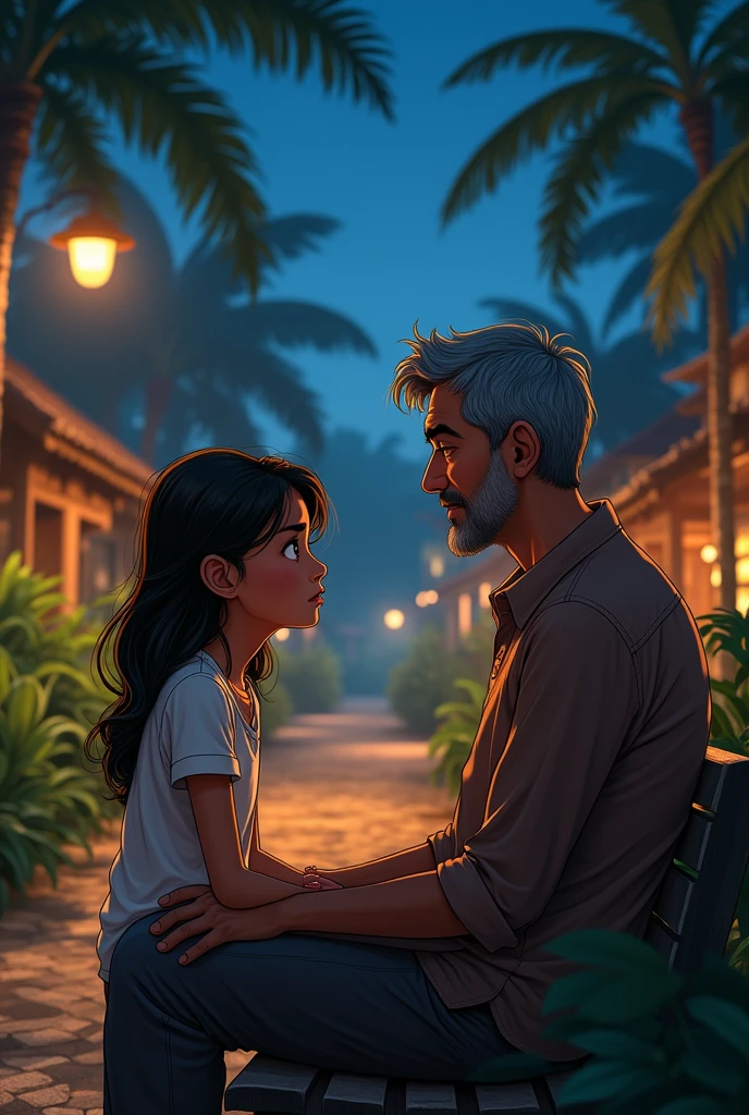 Worried  Latina girl talks to her 40-year-old father sitting on a bench in an Amazonian town at night, Pixar-style drawing 