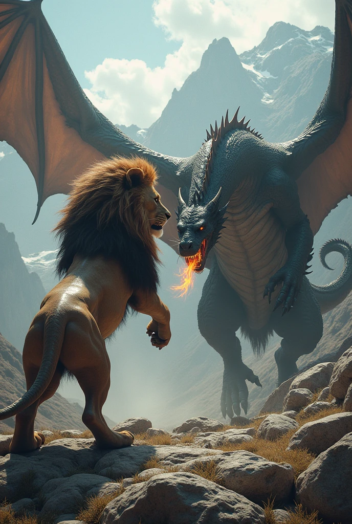 Lion and dragon fight scene