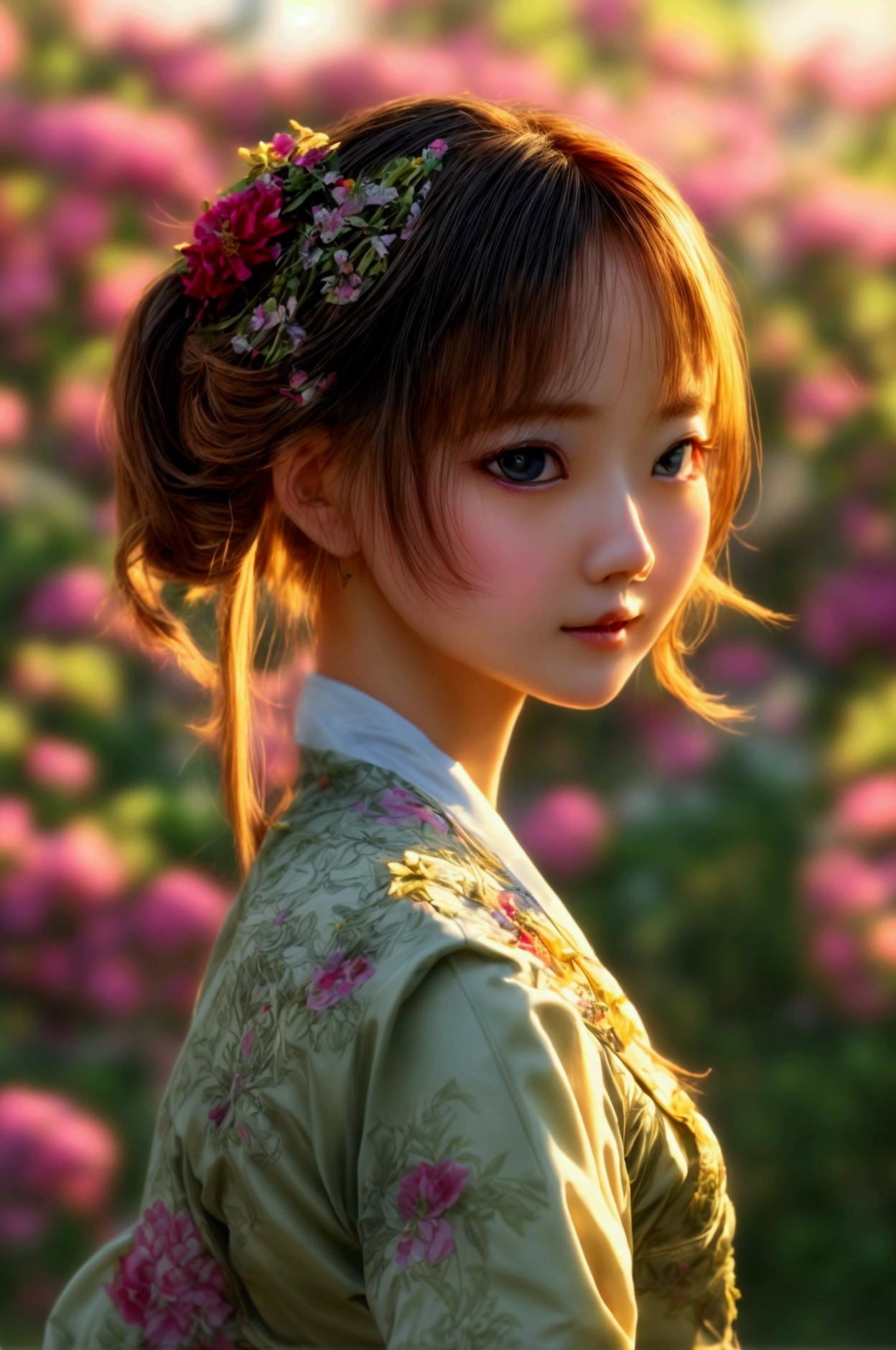 Best Quality, high_resolution, distinct_Image, detailed background ,Girl, Hanboks,flower,garden,officer, evening,