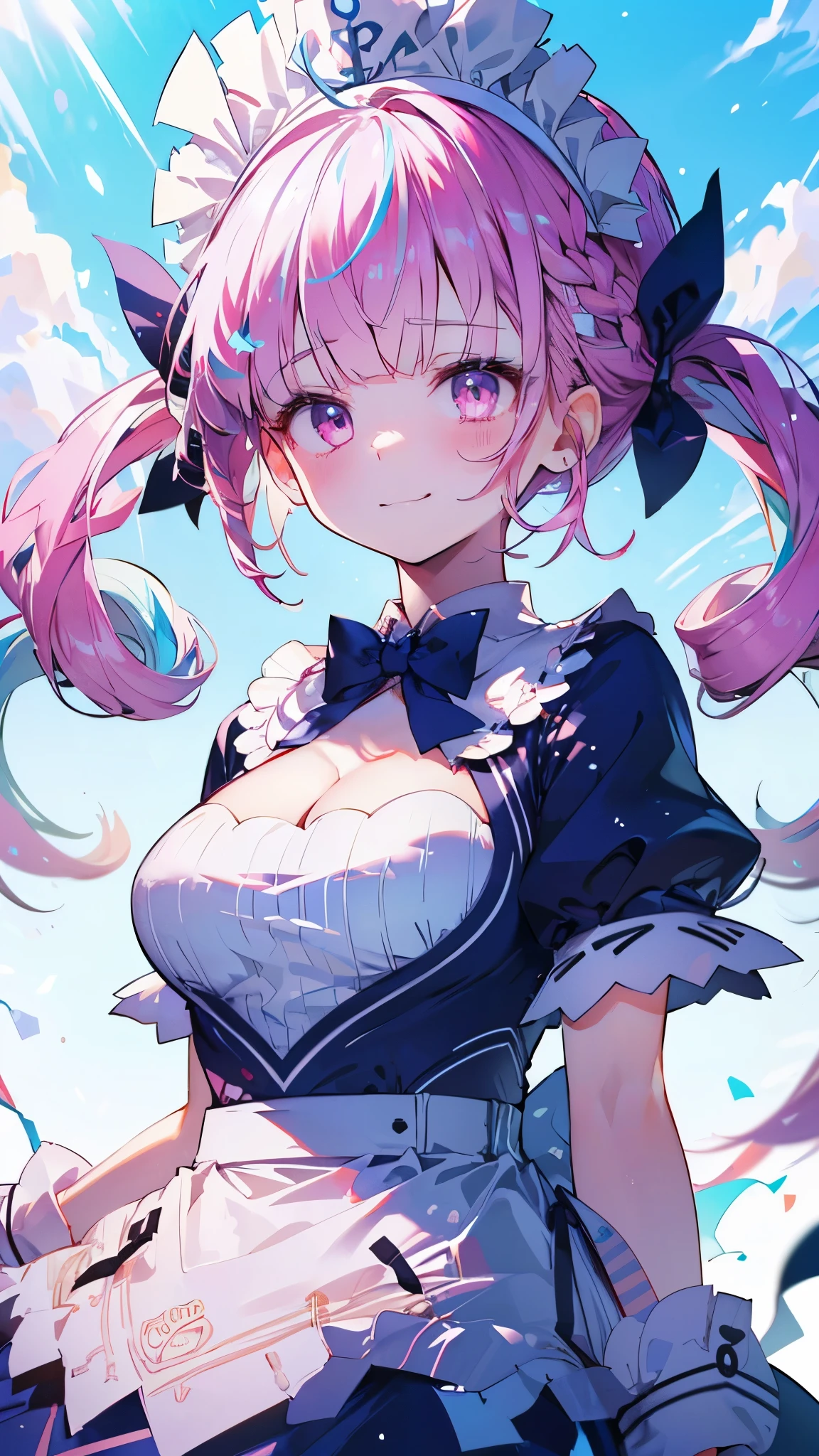 (Highest quality:1.2), (Very detailed:1.2),(masterpiece:1.2),(8k:1.2),(Blessed,Captivating body、Very beautiful eyes、Very detailed肌、Very detailed顔,Detailed Background), aaaqua, twintails, drill hair, maid headdress, cleavage, short sleeves, wrist cuffs, (summer background,Blue Sky background:1.3), (Sad smile:1.5)