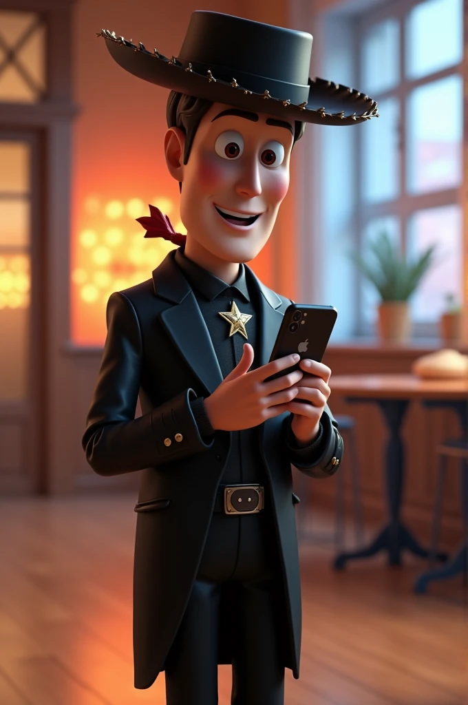 Toys story woody using iphone 14 pro dress black suit