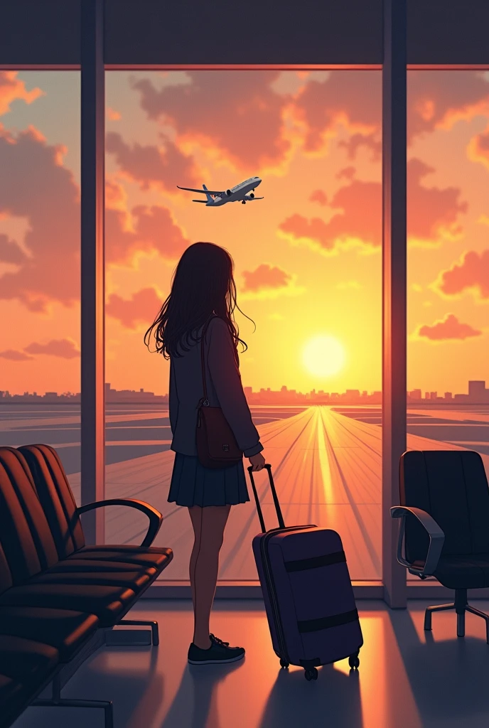 Create a captivating book cover featuring a smart girl standing in an airport waiting room. The scene should be depicted from a slightly side angle, capturing the girl with not so long hair and a luggage bag, as she gazes out towards the runway. A plane is soaring through the sky in the distance, set against the warm hues of golden hour. The waiting room should be empty, emphasizing the girl's solitude. The girl's face should remain hidden, adding an element of mystery. The overall composition should be artistic, with a focus on the interplay of light, shadows, and the serene atmosphere of the moment. Ensure the image has a vertical orientation, with height being greater than width.