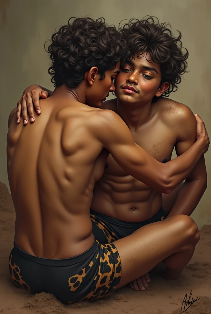 A Indian   boy having curly hair, green eyes,white skin face and dark skin body, smily face , six pack abs,  muscular legs,  vieny hands , some hair on abs , wearing a black court , and  lepord style underwear, and seating on a muddy land,  some mud on his abs , showing his six pack abs , and doing sex with a gay man 