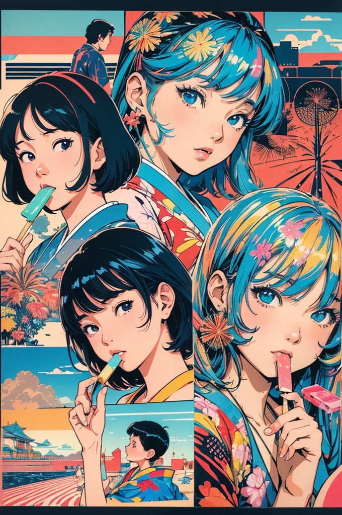 (masterpiece, best quality,ultra highres),flat color,(messy collage art),(japanese cutie, ice-lolly,beach,firework , bikini),nostalgic melancholic artwork,lofi girl, cmyk palette, illustration by hiroshi nagai,artistic collage,
