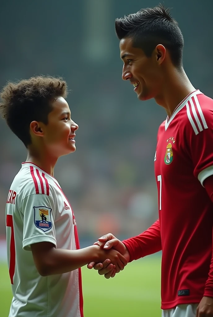 A smart boy shaking his hand with Cristiano Ronaldo and behind of that smart boy’s jersey named as AMZAR and number 7