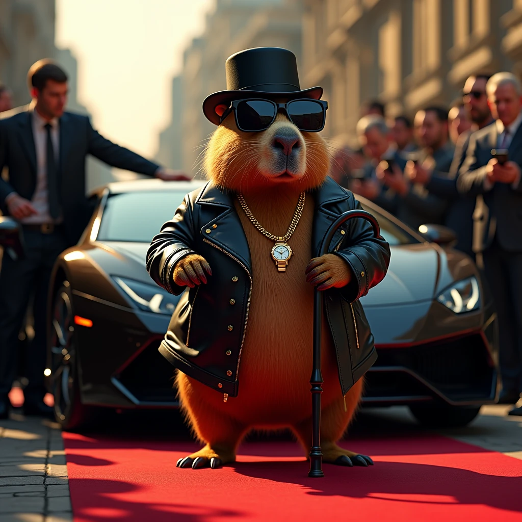 capybara with sunglasses, gold necklace, Rolex watch, expensive black leather jacket, getting out of a lamborghini, on a red catwalk, people taking pictures of him, with bowler hat, black cane curved at the top, security guard opening the door of the lamborghini, It's night, full 8k, full quality, detail shadows, HD,