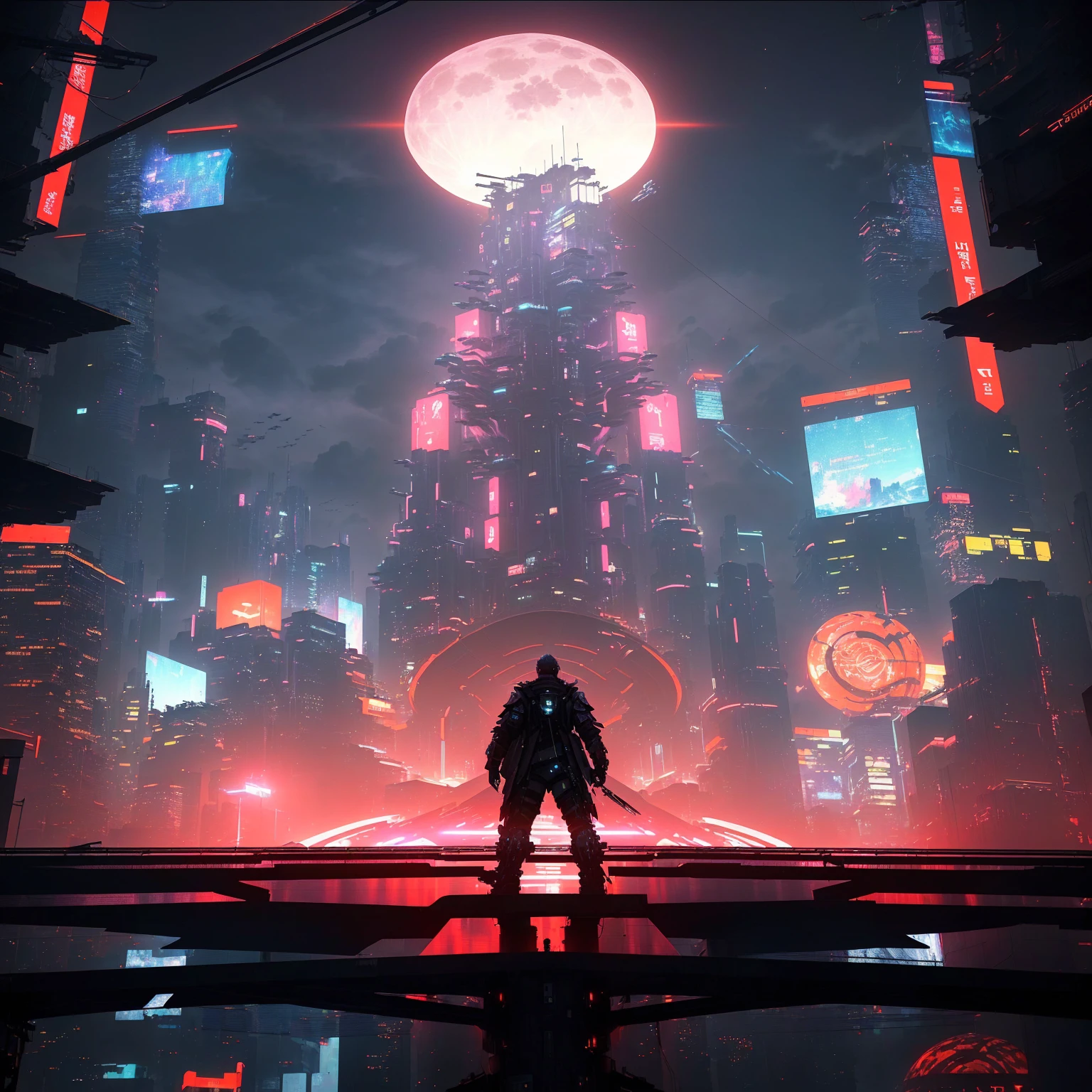 Future City,A man standing on a platform,There is a huge moon ahead, In a future cyberpunk city, In the cyberpunk city, Cyberpunk art style, Digital Cyberpunk Anime Art, Future cyberpunk scene, Cyberpunk atmosphere, Beautiful cyberpunk city, cyberpunk blade runner art, Cyberpunk Dream, Cyberpunk Cityscape, In the cyberpunk city里, Arstation and beeple height