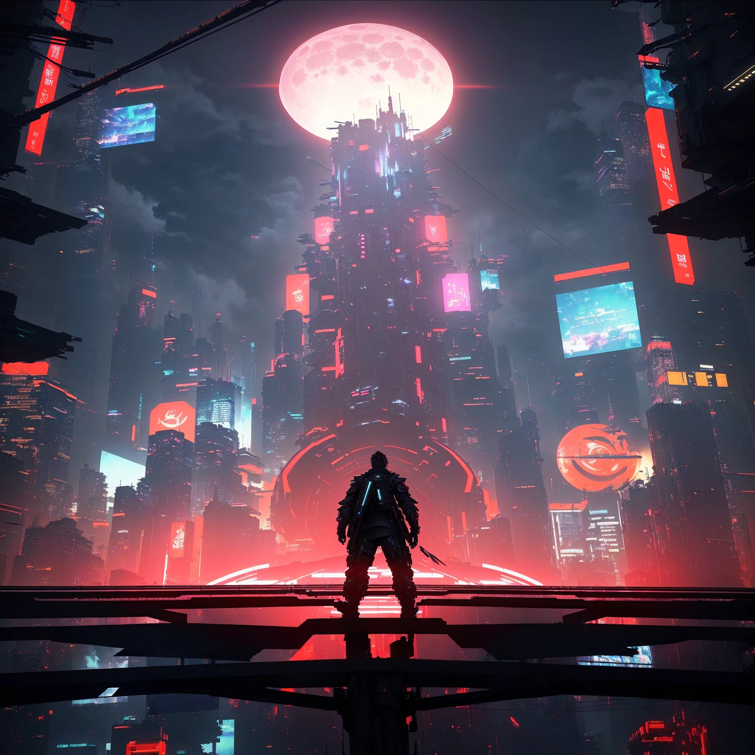 Future City，A man standing on a platform，There is a huge moon ahead, In a future cyberpunk city, In the cyberpunk city, Cyberpunk art style, Digital Cyberpunk Anime Art, Future cyberpunk scene, Cyberpunk atmosphere, Beautiful cyberpunk city, cyberpunk blade runner art, Cyberpunk Dream, Cyberpunk Cityscape, In the cyberpunk city里, Arstation and beeple height
