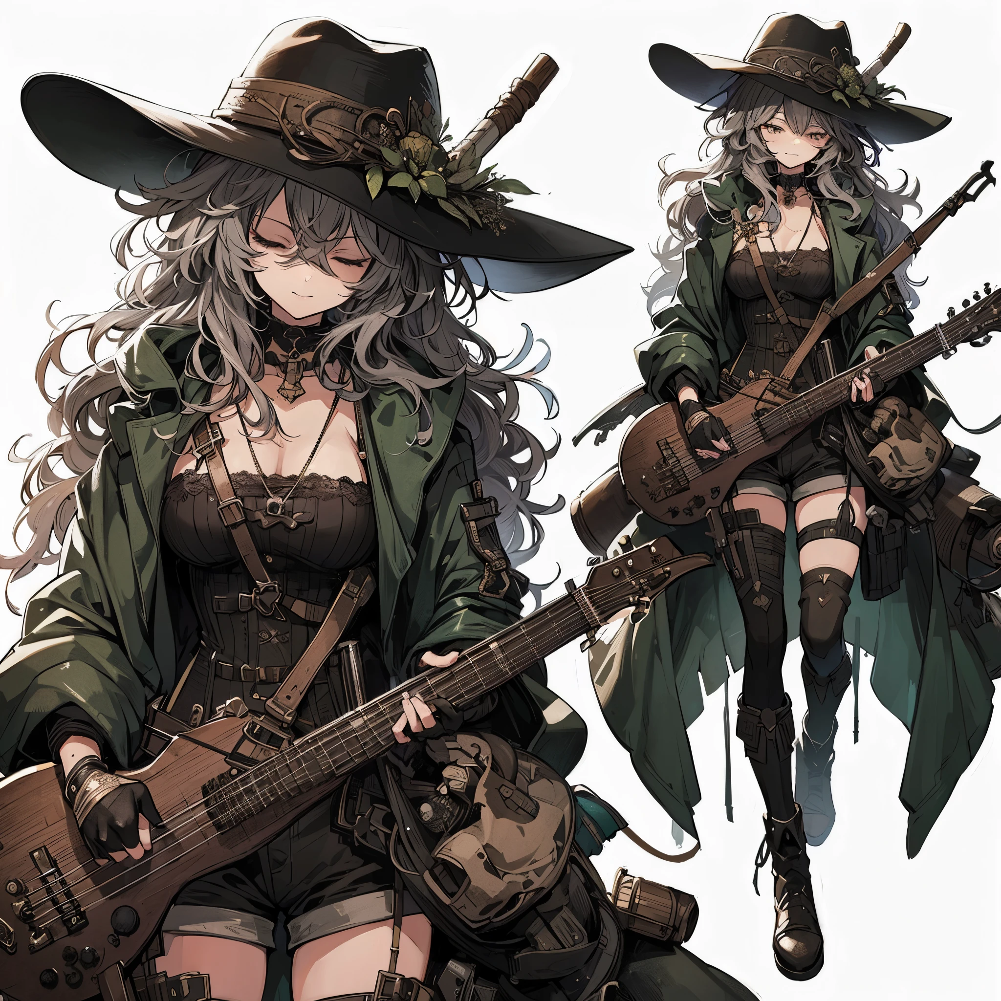 (Masterpiece, Top Quality), (Fine Hair), Ultra-Detailed, Anime like illustration Style, Solo, Full Length, ultra-massive. muscular, she is a fantasy wanderer-style vagrant girl, head on black-green wide brim hat, ash-grey curly hair, smiling closed eyes, narrow eyes. sleepy standing, black-green jacket, body fit full suits, held guitar and rapier at her waist, and thigh-length boots, her standing in wasteland! White background, standing full length,