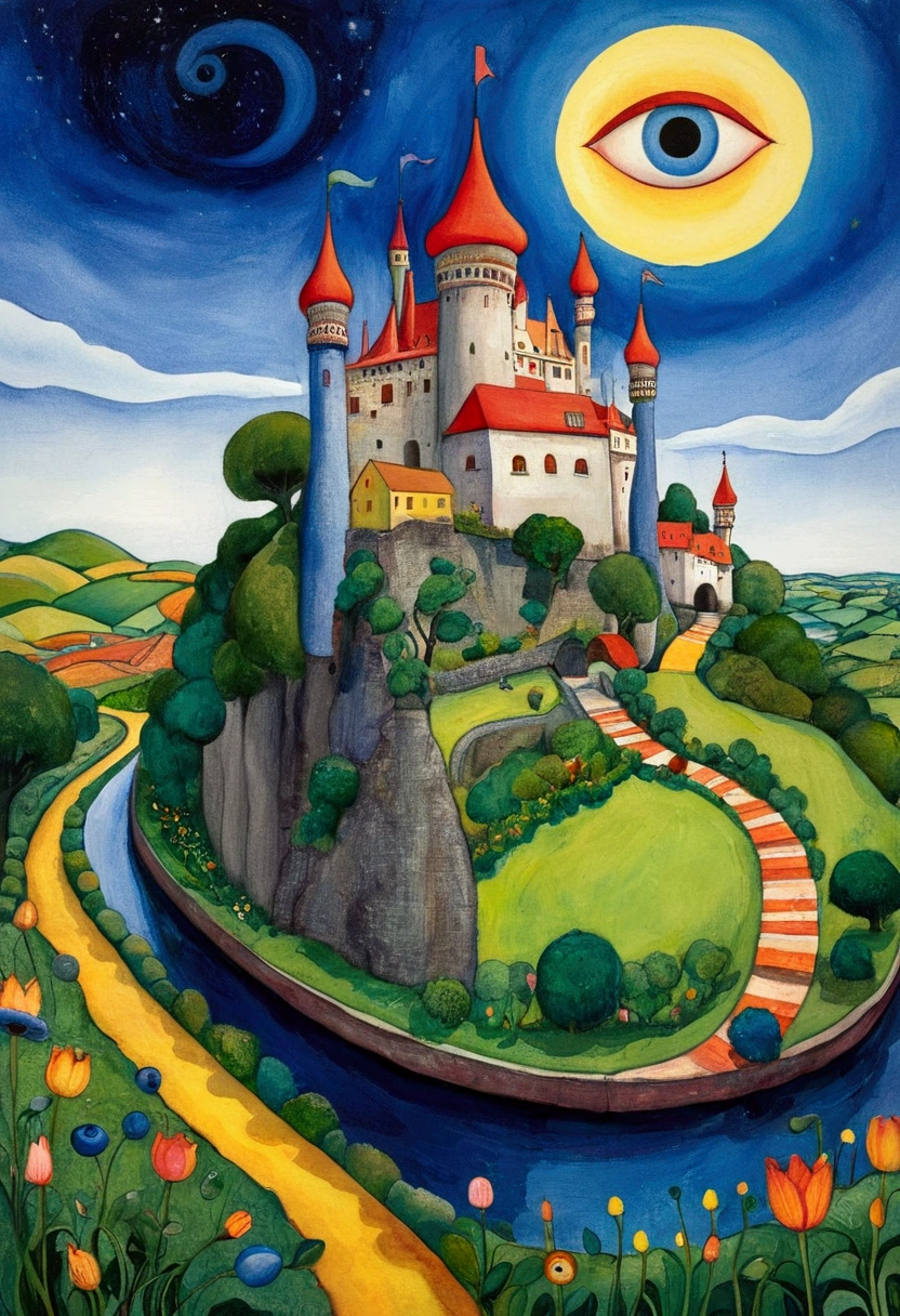 painting一只眼睛,A castle in the background, author:Dora Crusader, 彩色绘painting, Inspired by Hundertwasser, eye art, 彩色绘painting, There is an open eye in the center, Inspired by Friedensley Hundertwasser, Children's fantasies, painting, author:Nandor Katona