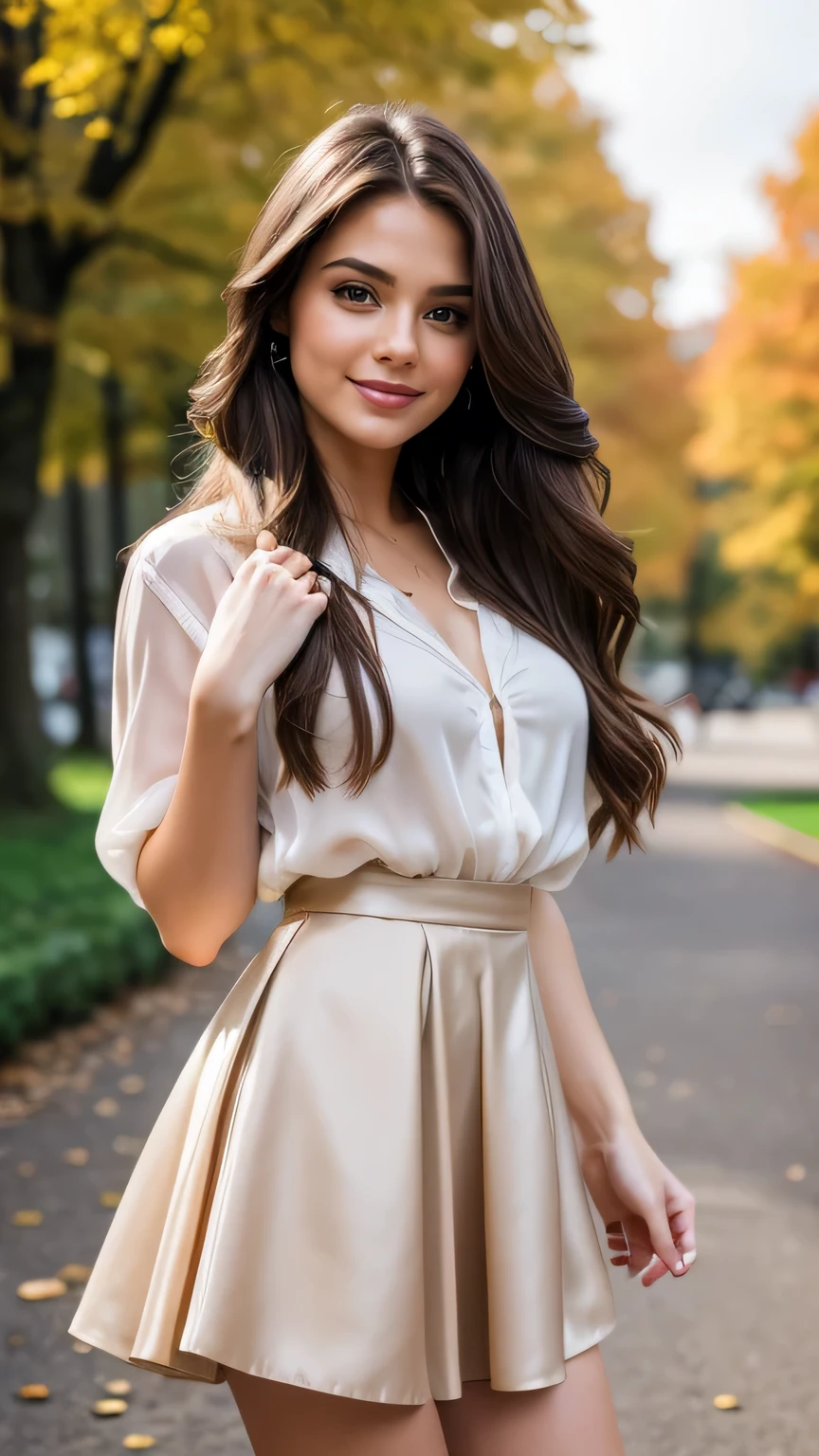 Realistic full body photo of a smiling, Young brunette woman with long hair, She dances in front of the camera in a silk blouse with a skirt..., Park,glamour fotoshooting, Park, perfect anatomy, perfect brown eyes. Perfect hands with 5 fingers on each hand, Matching girl, look into the camera, 1 Frau. (Eye make up:1.1), (highly detailed skin:1.1), spirit, analog style, keen focus, 8K  UHD, dslr, good quality, Fujifilm XT3, Grain, Award-winning, ​masterpiece. Park