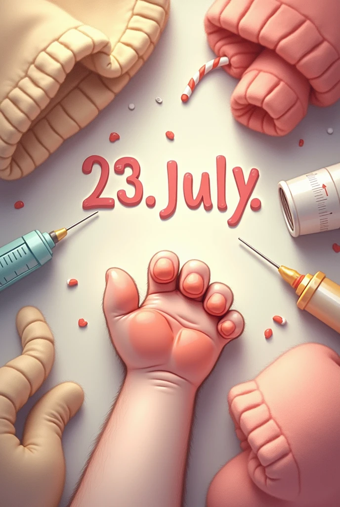 Picture with a cat, Cat paw as a symbol, Syringe with medicine bottle, Baby bottle and blanket. In the middle should be the date 23. July