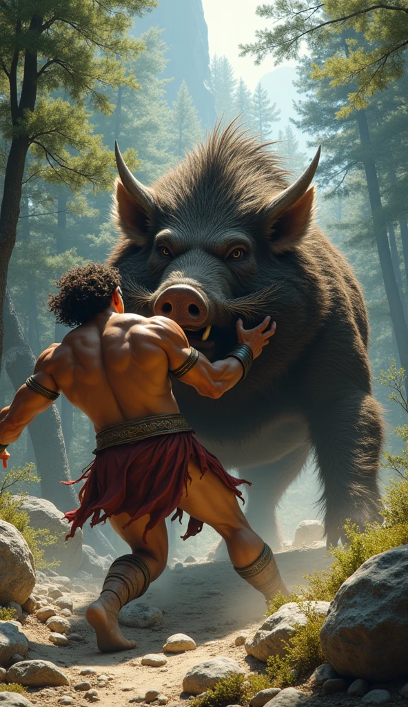 "Hercules capturing the Erymanthian Boar, depicted in a dynamic struggle with the boar in a forested, rugged landscape, with intense and realistic details, hyper-realistic, photo realism, cinematography -- ar 9:16."