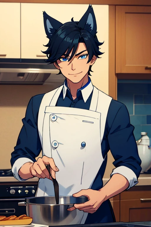 Perfect face. Perfect hands. A handsome black haired man with blue eyes and dark blue wolf ears and a dark blue wolf tail in a butler's uniform is smiling while cooking in a fancy kitchen