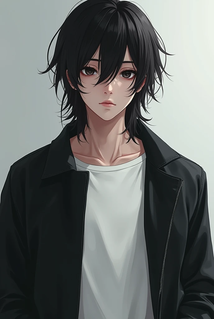 Male teenager with long black hair black eyes in white t-shirt black jacket