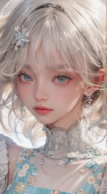 boring, I'm looking forward to, Underarm, Underarm, nearly naked, the body is slim, skinny, (Highest quality realistic textured skin),(terrible),(got it, round, Symmetrical eyes),Delicate facial features,(Burning bright cold eyes), very slim and the body is slim, naked, nude, (She has a mischievous smile),(Her face is kind and beautiful),Glass earrings in the ears,,(blonde),(Silvery white hair),(Chestnut Hair),(Dramatic Photos:1.4),(Dramatic Pose),(Flashy photos), Upturned eyes, Upward glance, Cluttered photos,(Hair flying in the air:2.0),(Background vortices and currents),(Dramatic Light),(Nice views),Spectacular realism,Cinematic feel,(High-density image review:1.5),(Soft colors:1.2),Very detailed,Dramatic Light,(Intricate details:1.1), (Complex background,Shine,fractal)