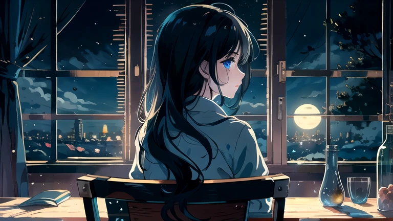 Create an illustration of black hair and blue eyes, sitting in a chair in front of a desk, Sentimental, Introspective look。, The moonlight gently shines into the room, Gently illuminate the space, Curtains sway in the wind, Increase tranquility, Dark mood, Emphasise the theme of loneliness, silence, And the depths of night, The room is dark、dimly lit by the moonlight