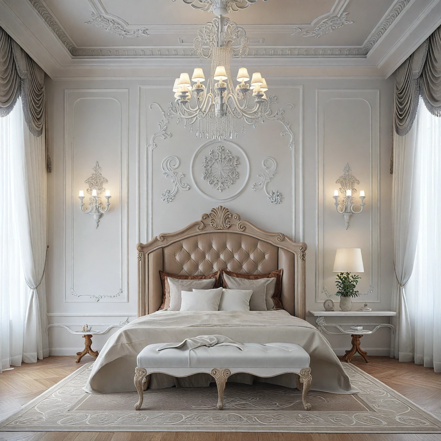 RAW photo, masterpiece, a view of a ( Bed ROOM :1.3) with a couch, chairs, and a chandelier, highly detailed interior, neo - classical style, neoclassical style, neoclassicism style, interior architect architectural visualization, neoclassical style, in style of classicism, white light sun, rendered in vray, rendered in v-ray, rendered in unreal engine 3d, (photorealistic:1.2), (photorealistic:1.5), best quality, ultra high res, architechture, (leather sofa detail:1.5), neoclassic house, (detailed railing neoclassic:1.5), luxury neoclassical villa, (mable floor details:1.5), (detailed neoclassical carpet:1.5), in the style of neoclassical scene, glass windows, best quality, (Intricate lines:1.5), ((Photorealism:1.5)),(((hyper detail:1.5))), archdaily, award winning design, (dynamic light:1.3), (day light:1.2), (perfect light:1.3), (shimering light :1.4), refection glass windows, (curved line architecture arch:1.2), photorealistic, FKAA, TXAA, RTX, SSAO, Post Processing, Post-Production, CGI, VFX, SFX, Full color,((Unreal Engine 5)), Canon EOS R5 Camera + Lens RF 45MP full-frame CMOS sensor, HDR, Realistic, Cinematic intricate detail, extreme detail, science, hyper-detail, FKAA, super detail, super realistic, crazy detail, intricate detail, nice color grading, reflected light on glass, eye-catching wall lights, unreal engine 5, octane render, cinematic, trending on artstation, High-fidelity, Viwvid, Crisp, Sharp, Bright, Stunning, ((Lifelike)), Natural, ((Eye-catching)), Illuminating, Flawless, High-quality,Sharp edge rendering, medium soft lighting, photographic render, detailed archviz, ((( BRIGHT WHITE  Tone : 3 ))), (( LIGHT NATURAL reddish-brown doussie wood ))
