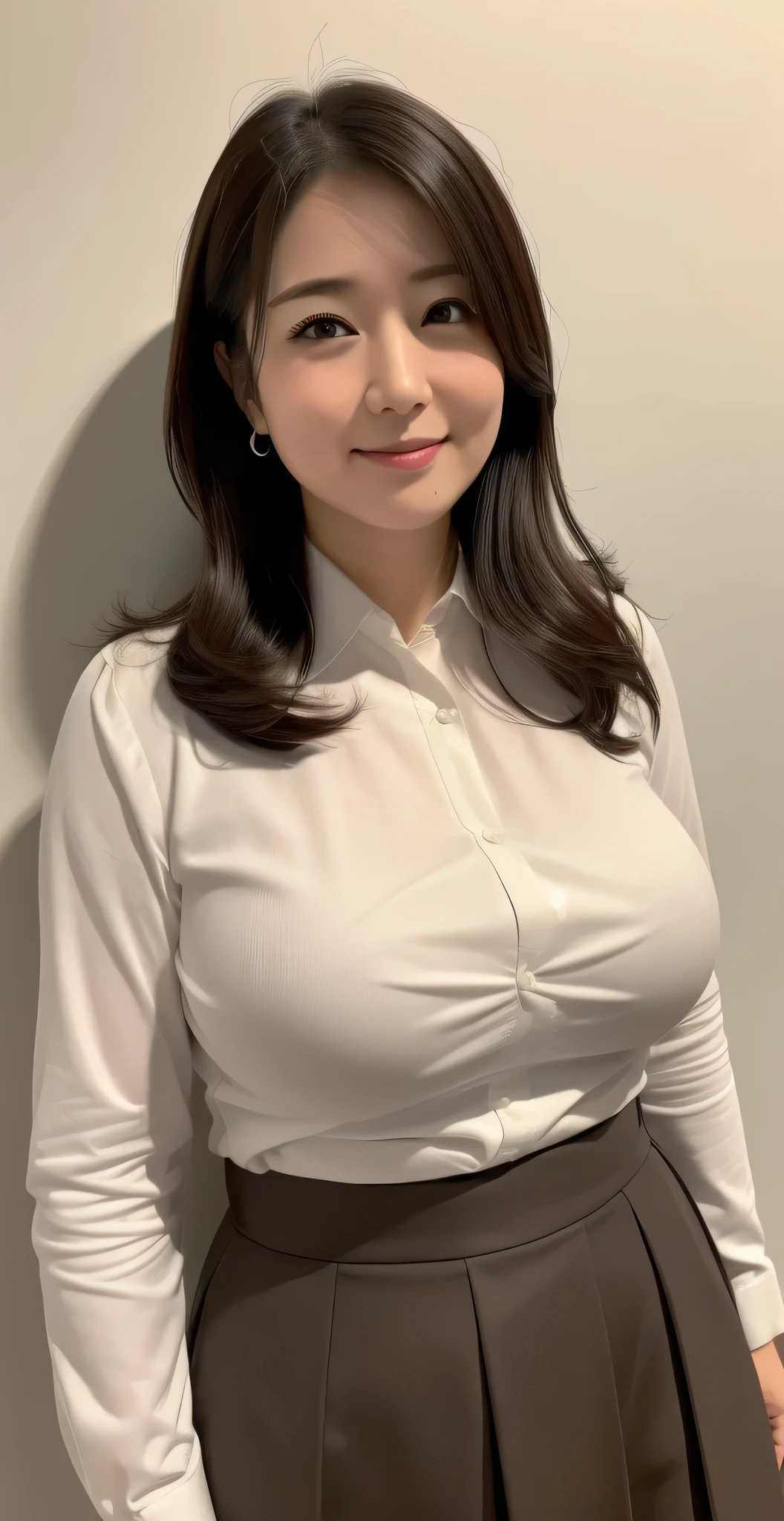 ((Highest quality, 8k, masterpiece, Portraiture: 1.3)), (Observe the audience), (Full Shot:0.85), Attractive Mature Business Woman, 1 person, A little chubby:0.35,Brown semi-long、 White collared shirt, Grey Skirt,((Very lewd face and bigger 2.3)) (Large pelvis:0.8), (sitting in an office chair)), smile:0.2, President'office,Good posture、(((Mature Woman))), (((5)))evening、In a dimly lit office、