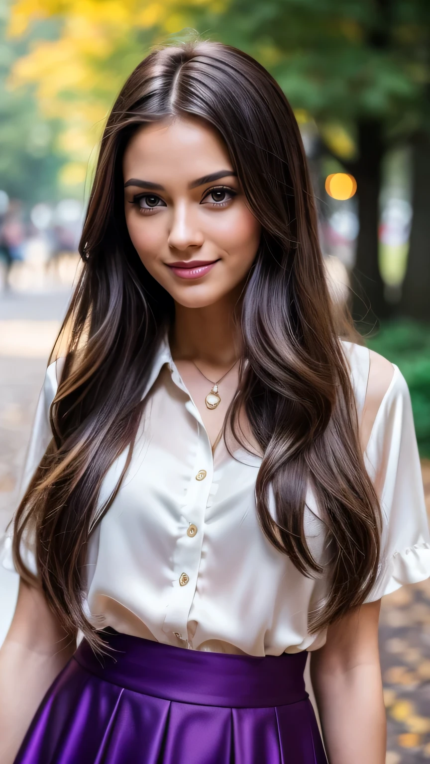 Realistic full body photo of a smiling, Young brunette woman with long hair, She dances in front of the camera in a silk blouse with a purple skirt..., Park,glamour fotoshooting, Park, perfect anatomy, perfect brown eyes. Perfect hands with 5 fingers on each hand, Matching girl, look into the camera, 1 Frau. (Eye make up:1.1), (highly detailed skin:1.1), spirit, analog style, keen focus, 8K  UHD, dslr, good quality, Fujifilm XT3, Grain, Award-winning, ​masterpiece. Park