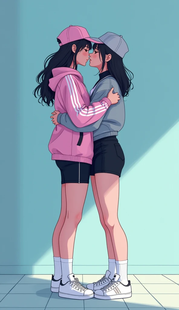 Two girls, long black hairs, yuri, lesbian
The first girl wear a pink adidas jacket, white shirt, pink cap, black pencil skirt, black underpants, long white socks, white sneakers high top.
The second girl wore a grey adidas jacket, white shirt, grey cap, black pencil skirt, black underpants, long white socks, white sneakers high top.
french kisses, lesbian kisses, huggings, sensual body, closed eyes, light blue room, novel cartoon, 4K, HD