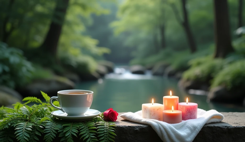 Minimalist style.A minimalist Japanese style scene，There is a gurgling stream.Stone platform covered with ferns .cup of hot coffee.Light two scented candles，Rose、White silk scarf、SPA energy crystals of various colors、Create a fresh、Bright、Relaxing and comfortable atmosphere，Evoking a sense of tranquility and simplicity。Perfectly composed bokeh background of a tranquil forest at night、A peaceful aura or meditative state has a warm and pure atmosphere