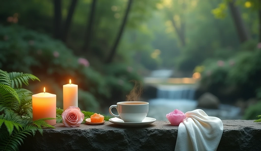 Minimalist style.A minimalist Japanese style scene,There is a gurgling stream.Stone platform covered with ferns .cup of hot coffee.Light two scented candles,Rose、White silk scarf、SPA energy crystals of various colors、Create a fresh、Bright、Relaxing and comfortable atmosphere,Evoking a sense of tranquility and simplicity。Perfectly composed bokeh background of a tranquil forest at night、A peaceful aura or meditative state has a warm and pure atmosphere