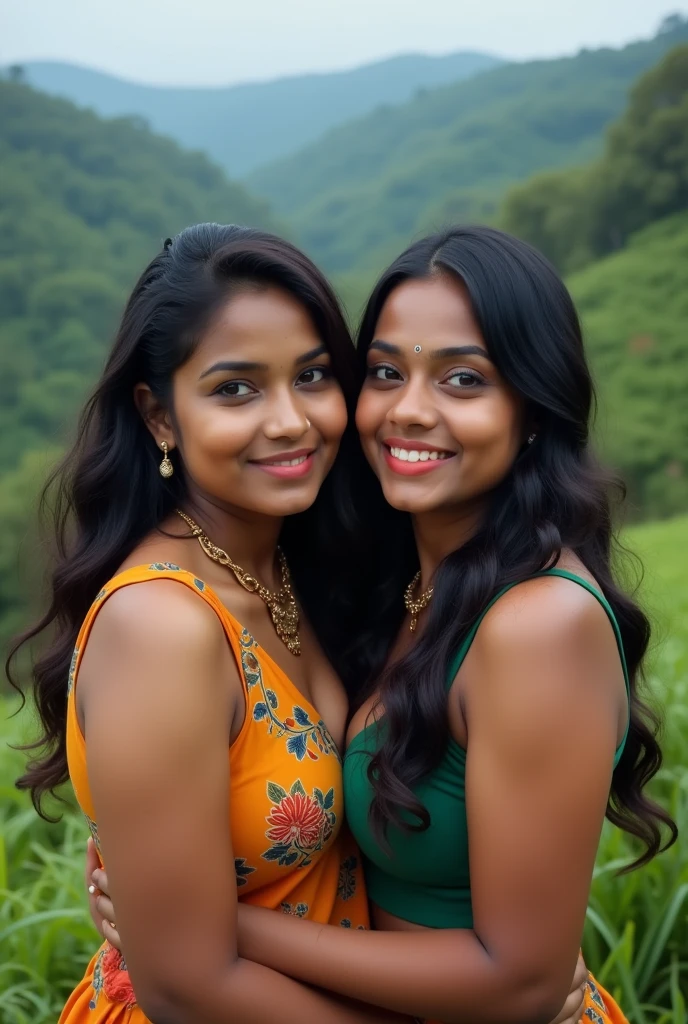 Kerala straight couple in wayanad. Ultra Realistic photo.showing face. No ornaments.Female is chubby curvy with black hairs.looks like actress nithya menon 