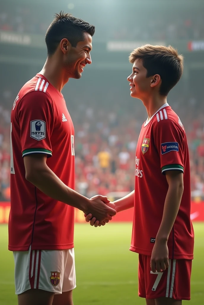 A smart boy shaking his hand with Cristiano Ronaldo and behind of that smart boy’s jersey named as ANEEQ and number 7
