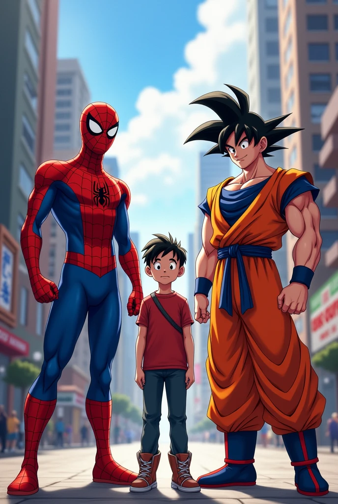 Now generate an image of a normal boy next to Marvel's Spiderman, Goku from dragon ball super and Saitama from one punch man. Please and SAITAMA