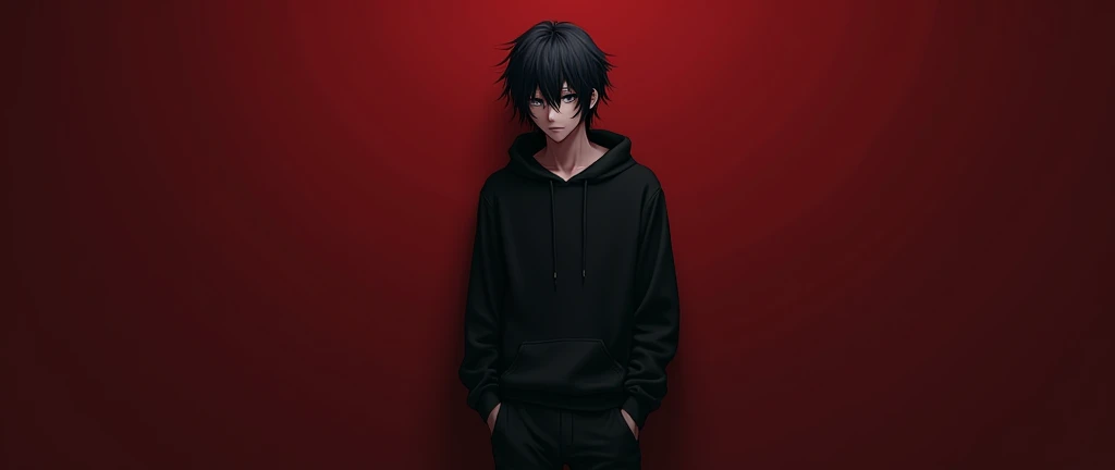 (photorealism:1.2), handsome anime guy, thin almond shaped eyes, wearing a black hoodie and black long pants, leaning against the background, black messy long hair (his hairs almost covering his eyes), yandere stalker vibe, anime photo, (detailed), dark red background, Asethic wallpaper