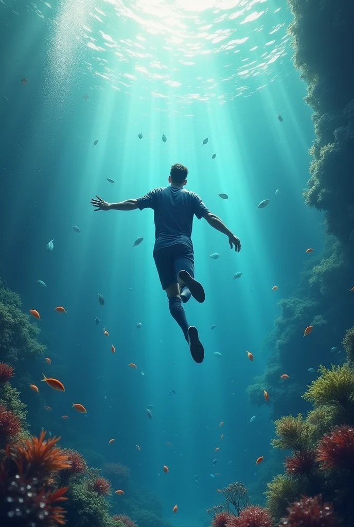 Messi as a diver. Diving in under water