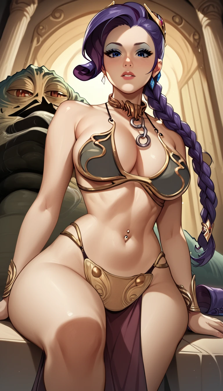 score_9, score_8_up, score_7_up, source_anime, best quality, solo, clear face, rarity, purple hair, braided ponytail, long hair, large breasts, perfect body, looking at viewer, slave, slave bikini, inside, palace, standing, dynamic angle, high leg thong, big ass, wide hips, low angle, navel piercing, pelvic curtain, sitting next to her master Jabba