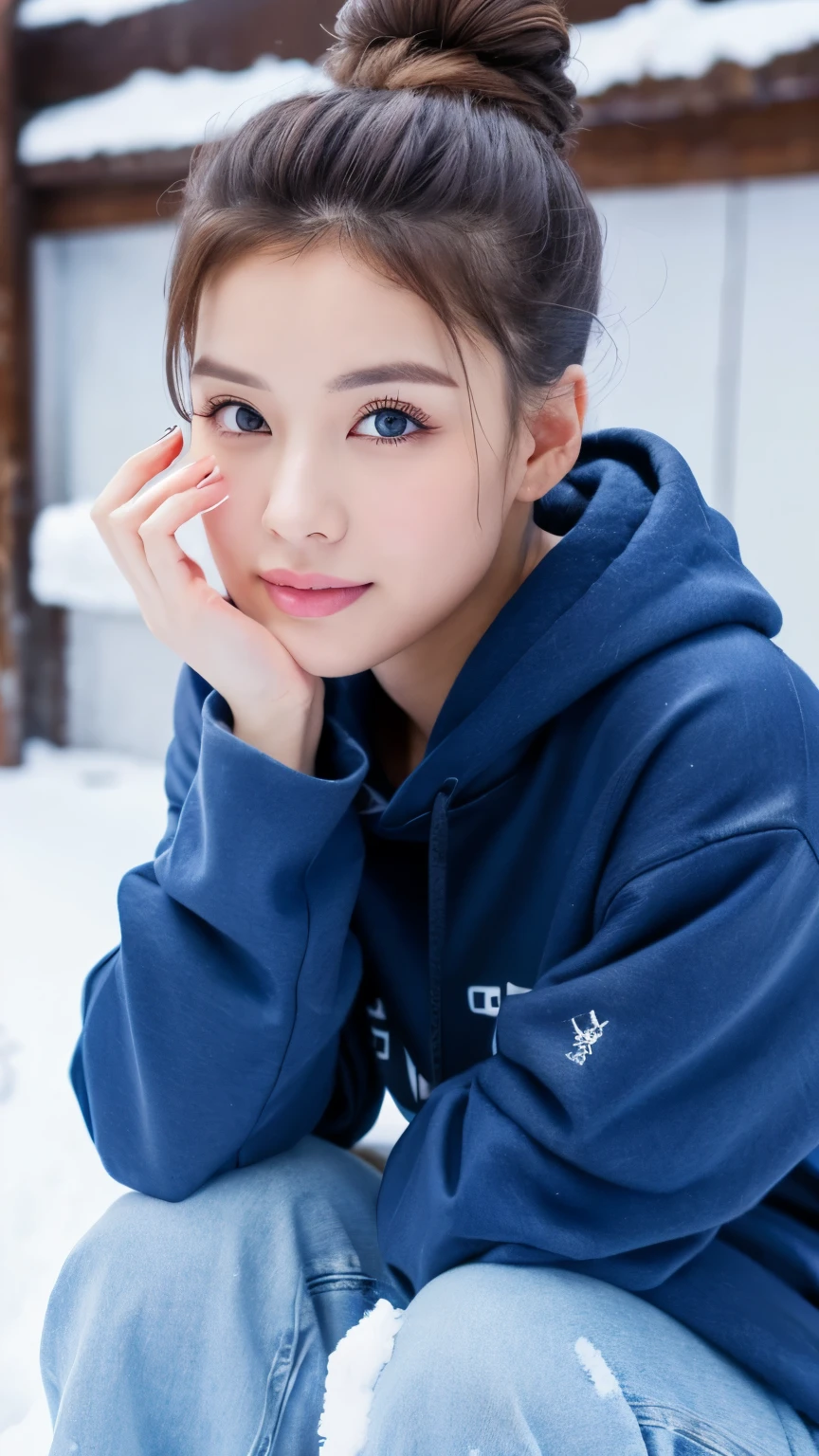 A woman wearing black hoodie, denim pants, updo style, beautiful, perfect face, perfect eyes, perfect finger. perfect thigh, hands on pocket. in the north pole full of snow, sunny day