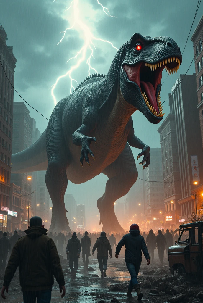 A dianasour in angry mood destroying building at stormy weather and people are running from the dianasour