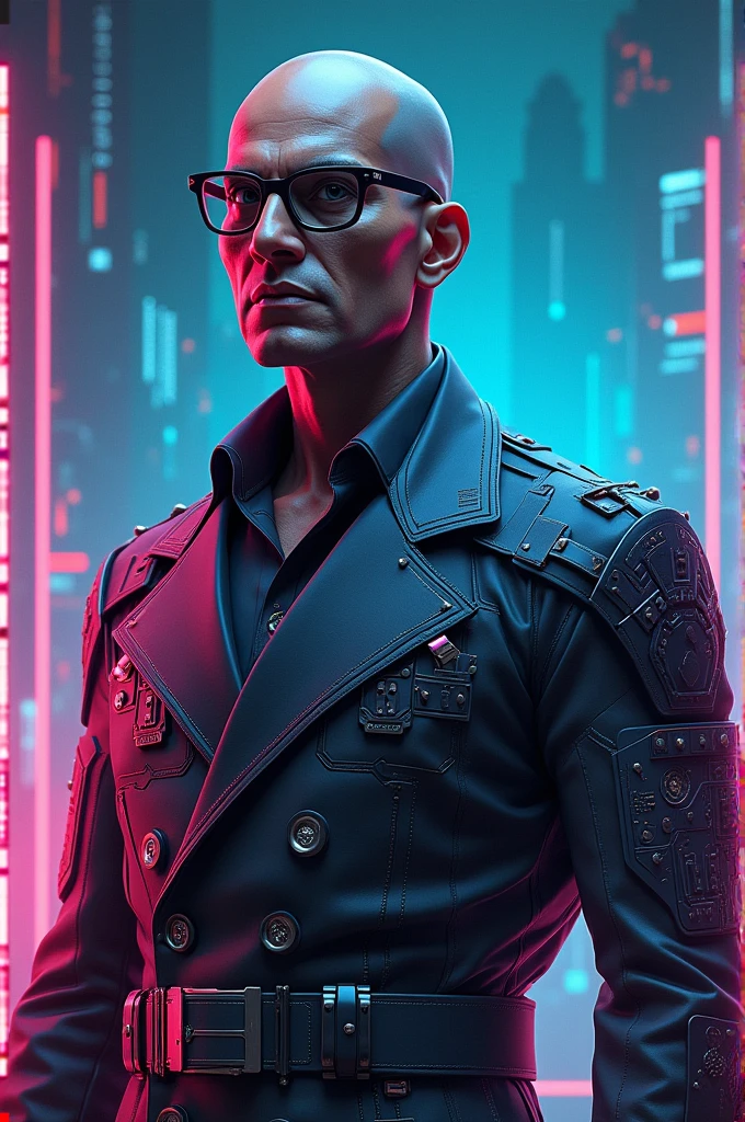 Dr.Bhimrao ambedkar with muscle cyberpunk background with blue and pink lights 