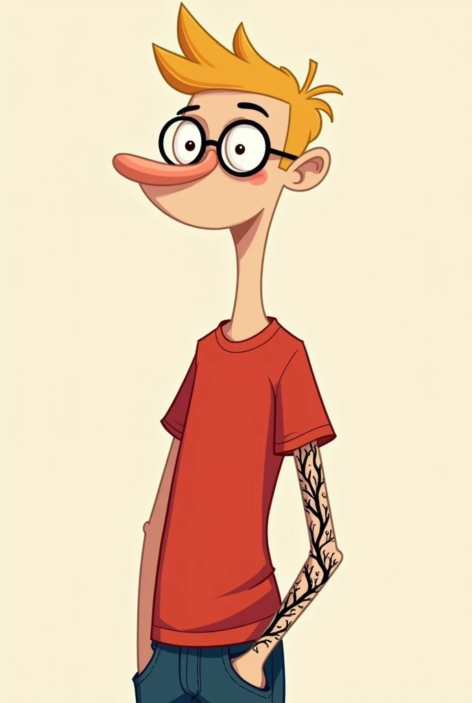 a cartoon style drawing of a man, tall and slim, offwhite, very short hair, blonde in a darker tone, eyes browns, glad, with round glasses. hands in pockets, wearing jeans and a red T-shirt. black tree tattoo on left arm, up to the elbow.