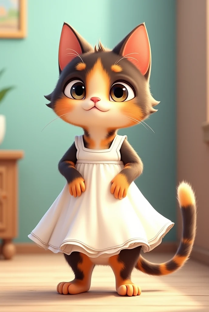 Chat de dos ecaille de tortue sur ses deux pattes comme un humain avec une robe blanche style dessin animé