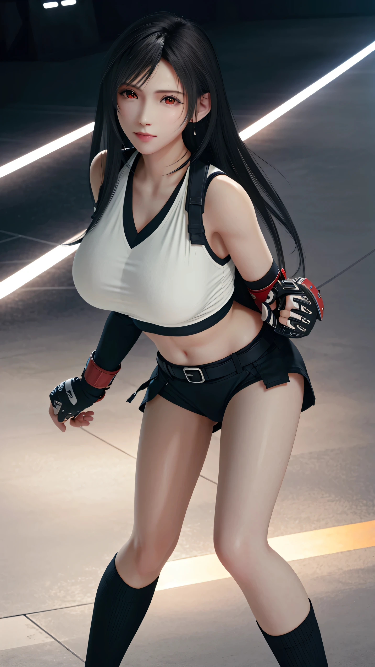 8k,masterpiece, Highest quality,big breast, (1 person:1.5), Tifa Lockhart, red_eye, Black Hair, Long Hair, Professional Lighting, (Glowing Skin: 1.2), shiny sweat, ((Highest quality)), Sharp focus: 1.2, Highly detailed face and skin texture, detailed eye, Perfect Face, Perfect body, CG, Huge Breasts, before (Age 25, Mature, cool and beautiful face), (on MMA Arena :1.5), (wearing MMA uniform:1.5, white tops and black bottoms:1.3), thigh, belly button,glaring,(Look At View:1.2),Full body, Dynamic Angle,