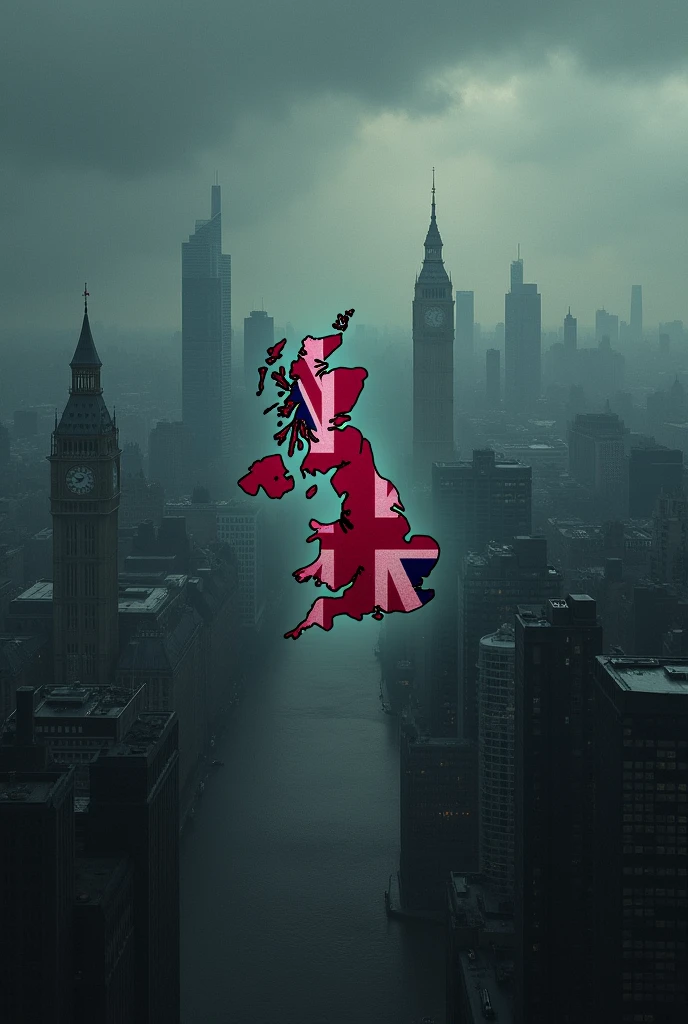 I want a dark themed picture with a london city and british map having british flag inside it
