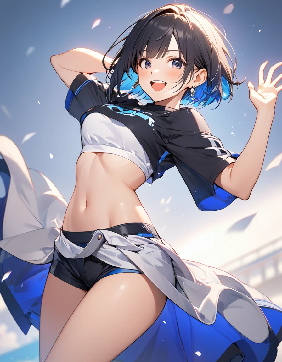 1girl, best quality, beautiful, short hair, 8K, act cool pose, clothing, dynamic angle, happy, earrings, perfect body, concept