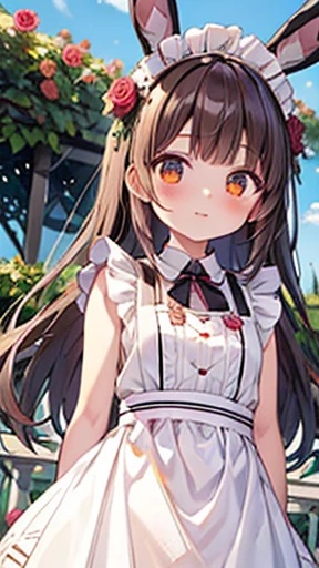 (Brown Hair), Hair with one side up, From below, ((Bunny ears)), maid headdress, (((masterpiece))), ((Textured skin)), (((Attention to detail))), High resolution, cute, cute, maid, Apron dress, ((Rose Garden)), sunlight