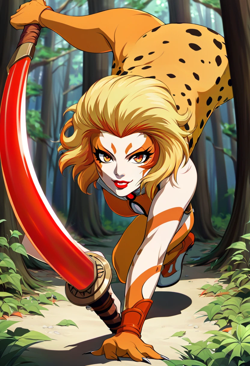 cheetarahot, red lips, Blonde, squat, in a forest, dynamic pose, holding the sword of omen from Thundercats