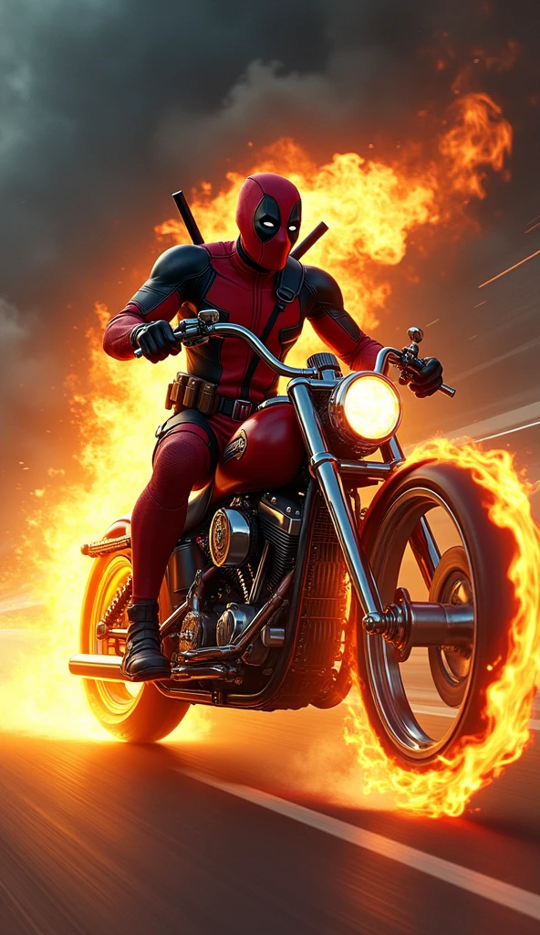 Deadpool, with his red and black suit and a manic grin, clings to the back of Ghost Rider’s roaring motorcycle. Flames dance around the bike’s wheels and engulf Ghost Rider’s skeletal head, casting an eerie, flickering light. Deadpool's expression is a chaotic mix of exhilaration and mischief, eyes wide as he clutches the sides of the bike, his mask flapping in the wind. Ghost Rider’s blazing chains whip through the night air, his ghostly glow contrasting sharply with Deadpool’s vibrant suit. The scene is a blend of raw energy and dark mysticism, capturing a moment where Deadpool’s wild spirit meets Ghost Rider’s infernal fury, creating an intense, emotionally charged tableau of fiery chaos and unlikely camaraderie.