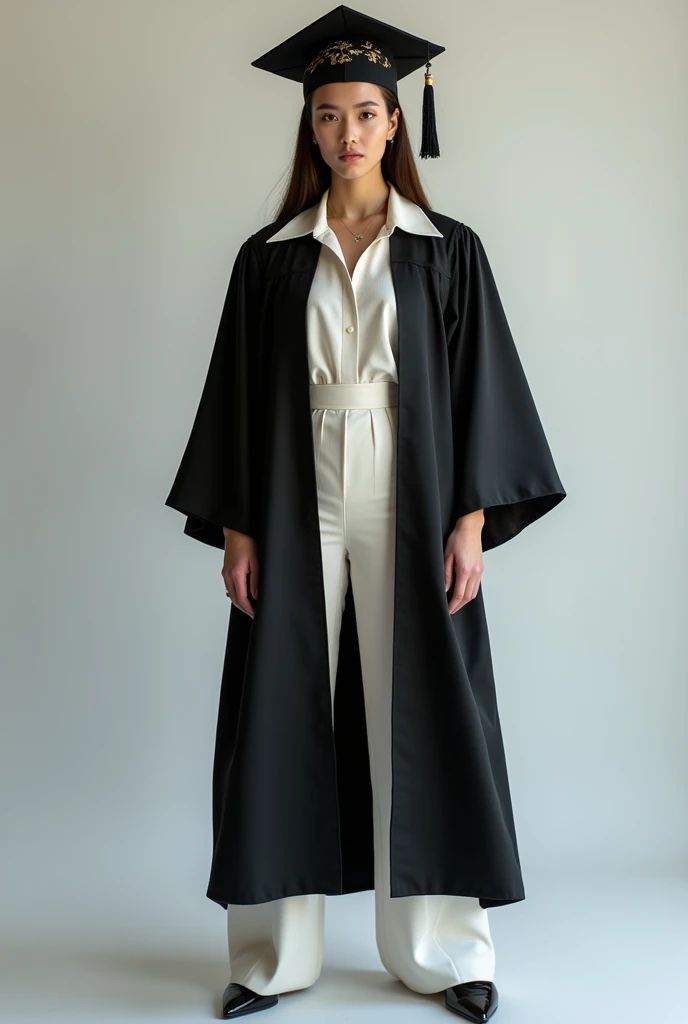 Fashion designer wearing full graduation uniform