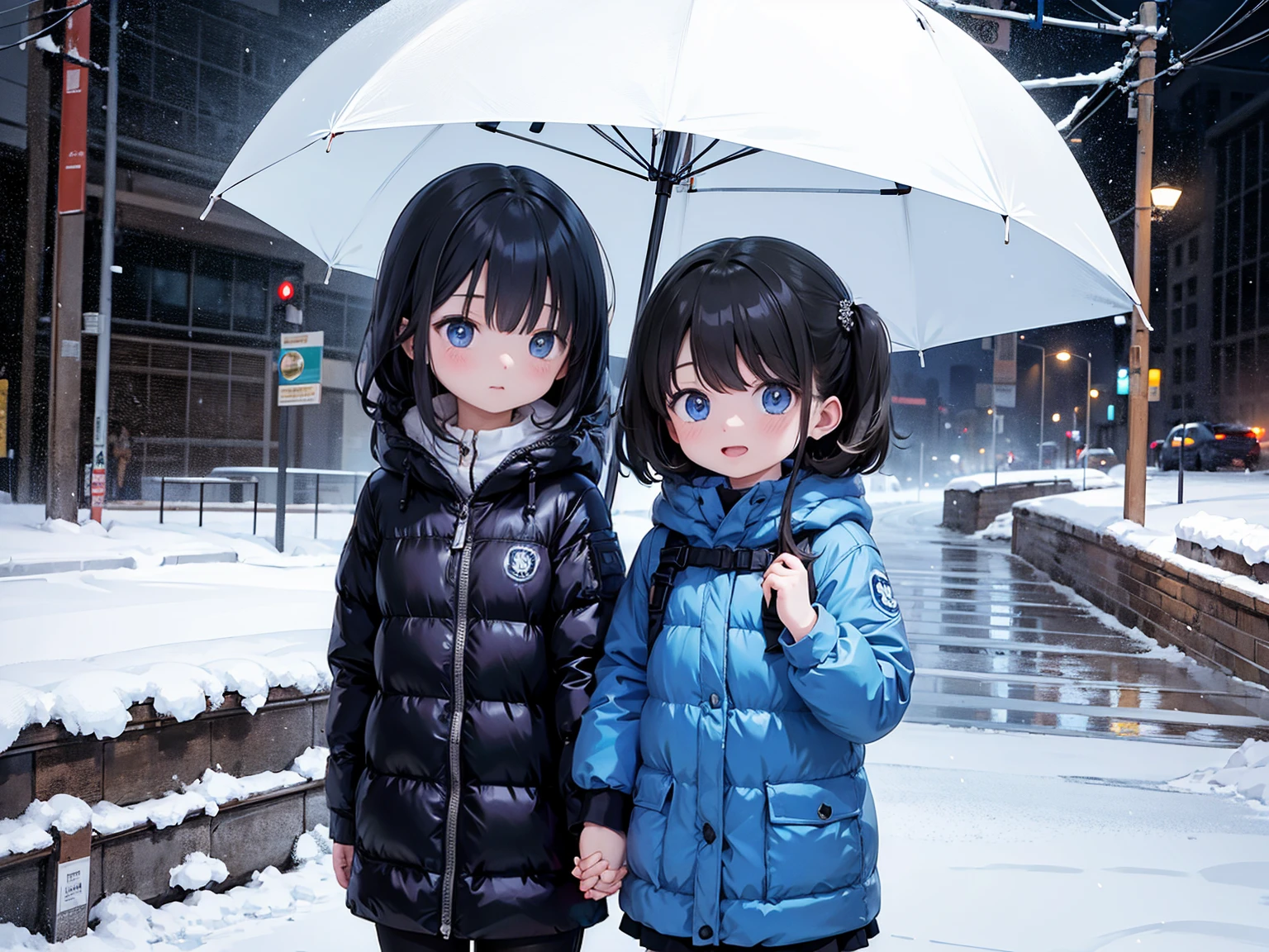 Two girls holding hands、The weather is bad and it&#39;s raining、White Rabbit、bus stop、Puddles on the road、Lovers&#39; Bondage、bus stopで雨宿りをしている、A rainbow surrounds the two girls and there is a small puddle at their feet、Hair is a little wet、Medium Long Hair、ponytail、The girl on the left looks a little embarrassed.、The girl on the right is smiling happily.、(The girl on the left kisses the girl next to her on the cheek)