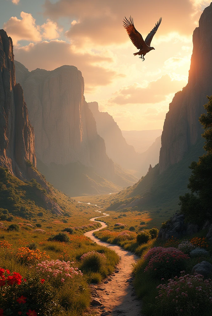 A vast canyon with towering rock formations on either side, a winding path through a vibrant flower meadow, with its back to the camera an eagle soars over the canyon, looking forward to the horizon, cinematic lighting, dramatic shadows, highly detailed, photorealistic, 8K, unreal engine, lush foliage, golden hour, volumetric lighting, dramatic clouds, aerial view, sense of scale, intricate detail, serene atmosphere, breathtaking landscape