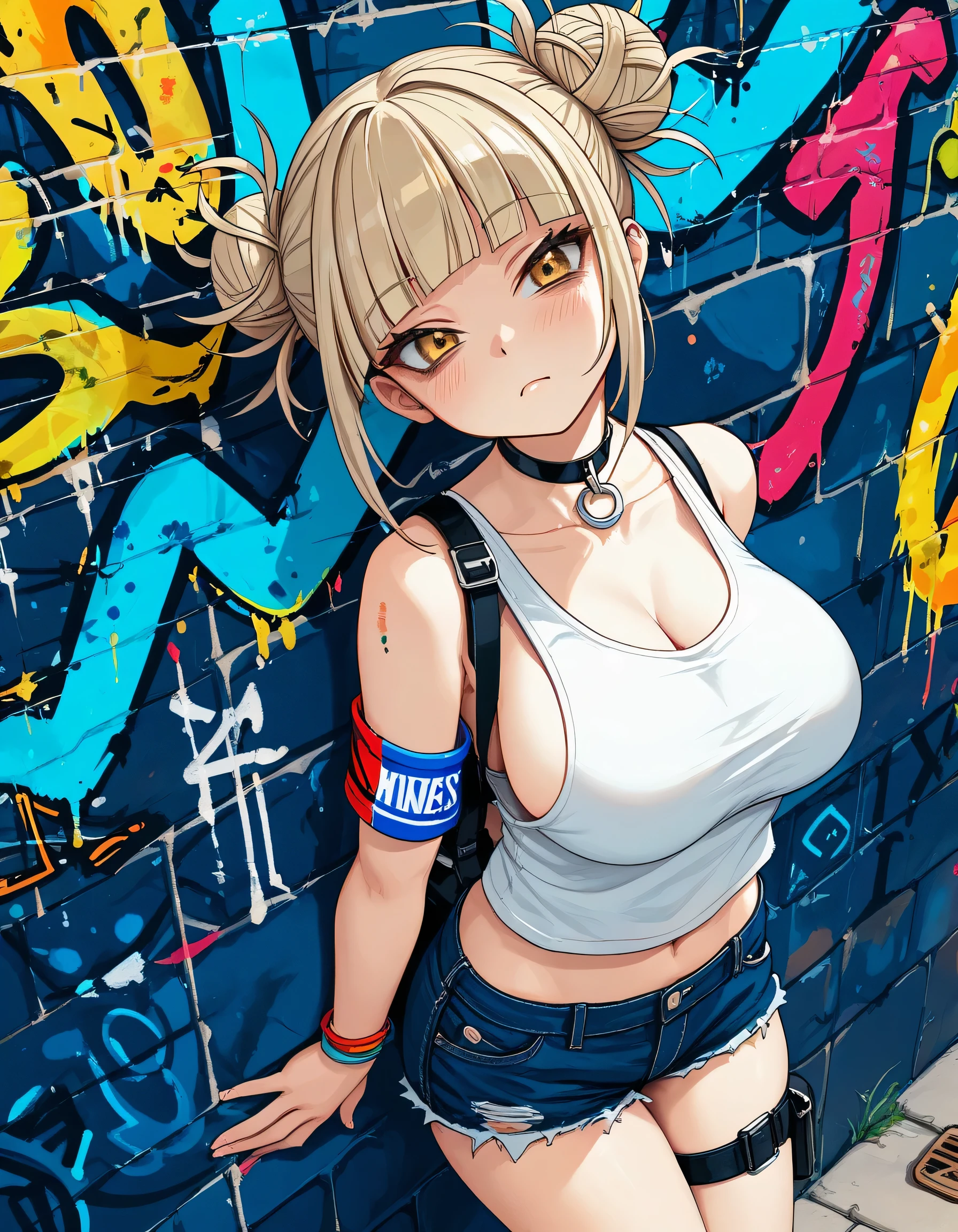 Himiko Toga, Blonde hair, yellow eyes, hairbuns, tank top, denim shorts, choker, graffiti paint splatter, arms behind back, (slouching), leaning back, against wall, looking at viewer, armband, thigh strap, streaked hair, paint on body, upturned eyes, head down, head tilt, (from above), bored,expressionless, sideboob, (big breasts),