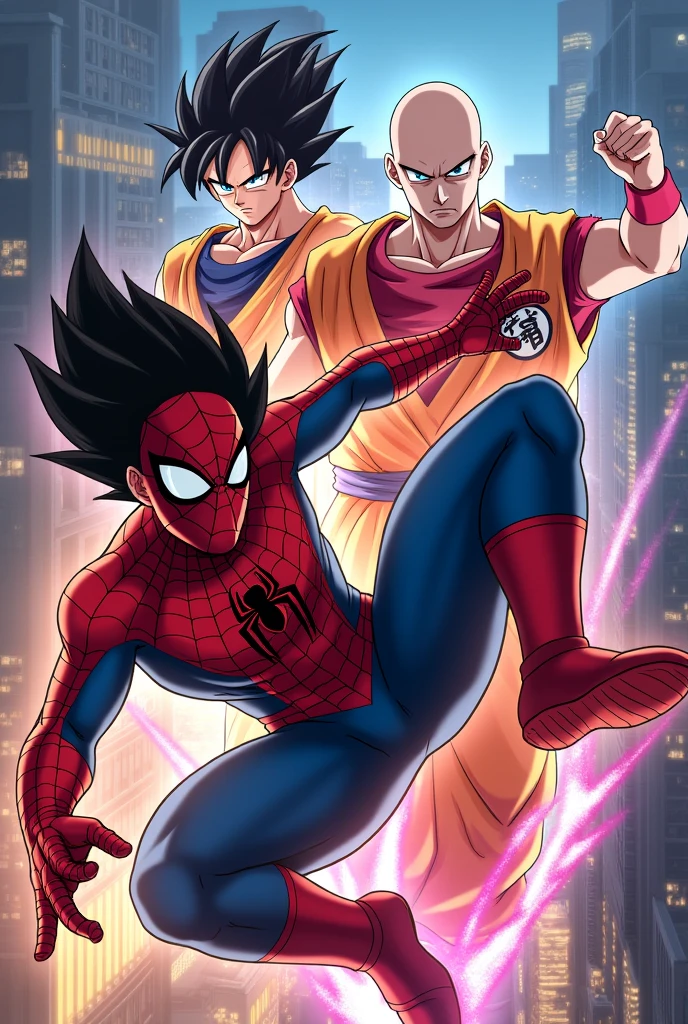 Now generate a Marvel Spiderman image, Goku from dragon ball super and Saitama from one punch man. Please